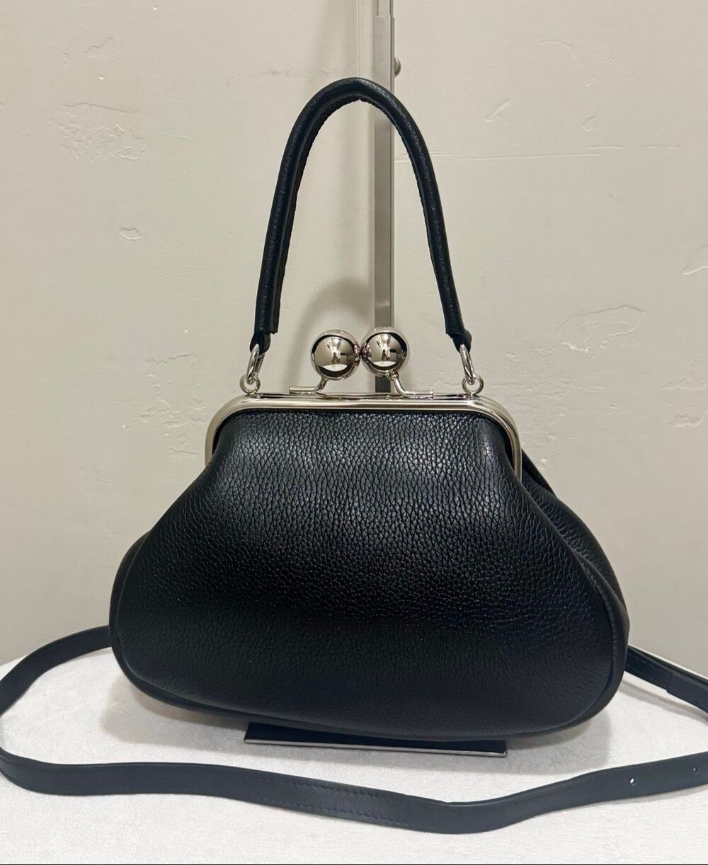 Black Cowhide Calfskin Handmade Retro Style Kisslock Frame Bag, Multi Use Style